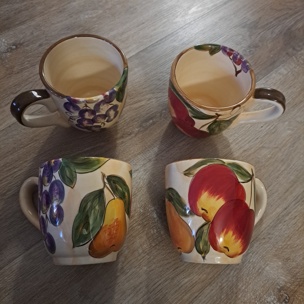 Tabletops Lifestyles Harlequin Fruit Hand-Painted Designed Ceramic Mug Lot of 4